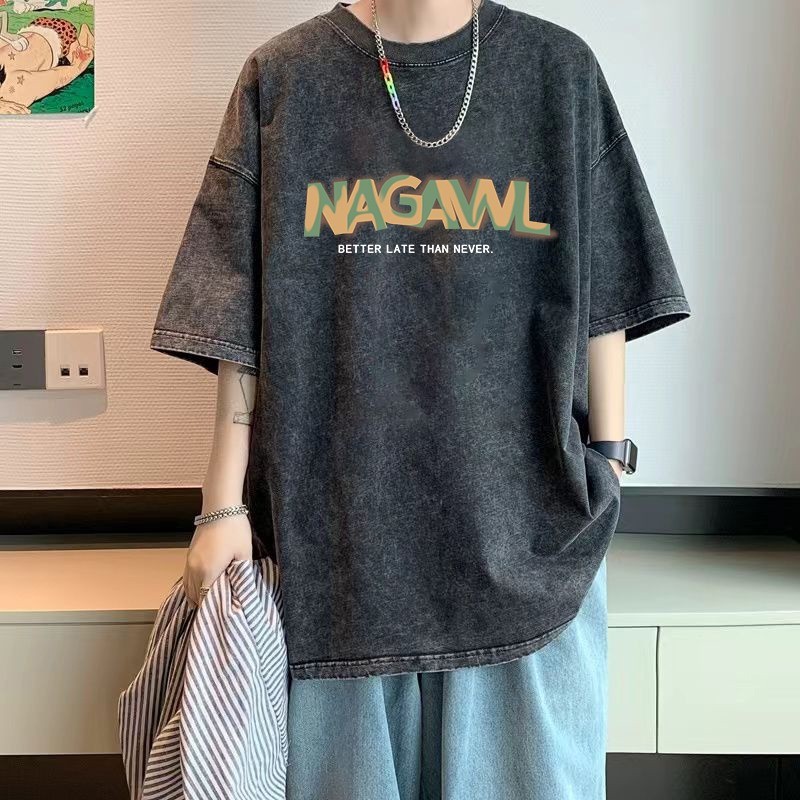 ล้าง P23S-3XLDX0091-SX Distressed สีแขนสั้น Xinjiang [สีดําสีม่วงเส้นด้ายคู่ผ้าฝ้าย 23 ผ้าฝ้ายแท้สีด