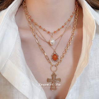 สร้อยคอมุกอะคริลิคสไตล์แฟชั่นพร้อมหัวจี้ไม้กางเขน