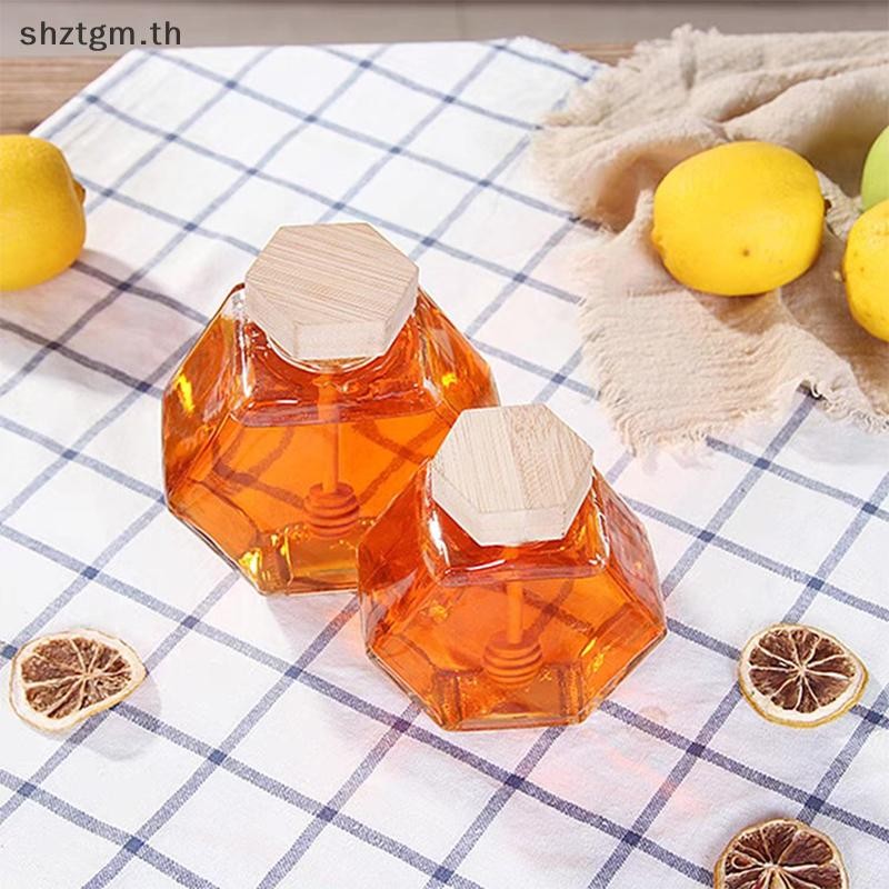SHZTGM ขวดน้ําผึ้งแก้วหกเหลี่ยมพร้อมก้านกวนไม้ - 100ML/220ML/380ML