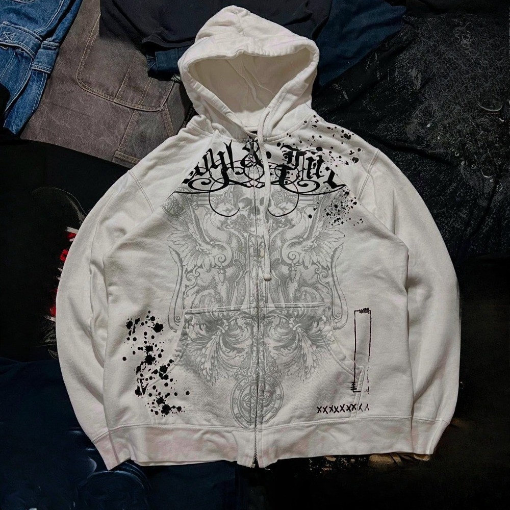 Hoodie สไตล์เรโทรสีขาว พร้อมซิป พิมพ์ลายแบบ.streetwear สำหรับวันสบายในสไตล์ฮาระจูกุ - รูปที่ 7
