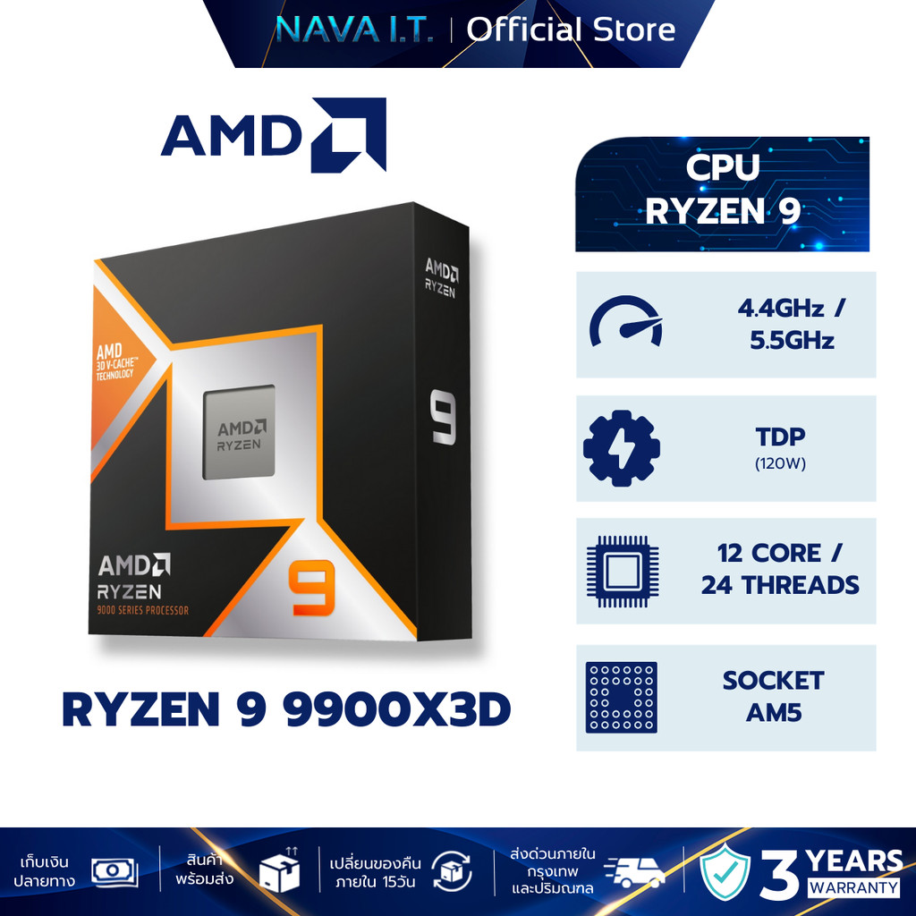 CPU ซีพียู AMD RYZEN 9 9900X3D 12CORES/24THREADS AM5