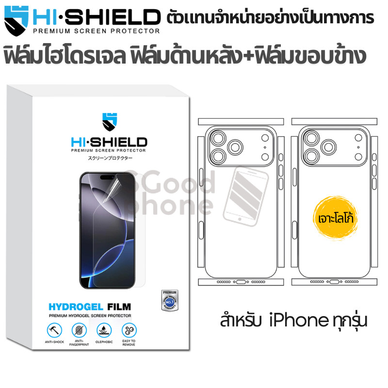 >มีส่งด่วน< Hishield Hydrogel ฟิล์มกันรอยหลัง+ขอบข้าง For iPhone 17 / Air / 16 / 15 / 14 / 13 /12 / 11/Pro Max /Plus - โปรปัง