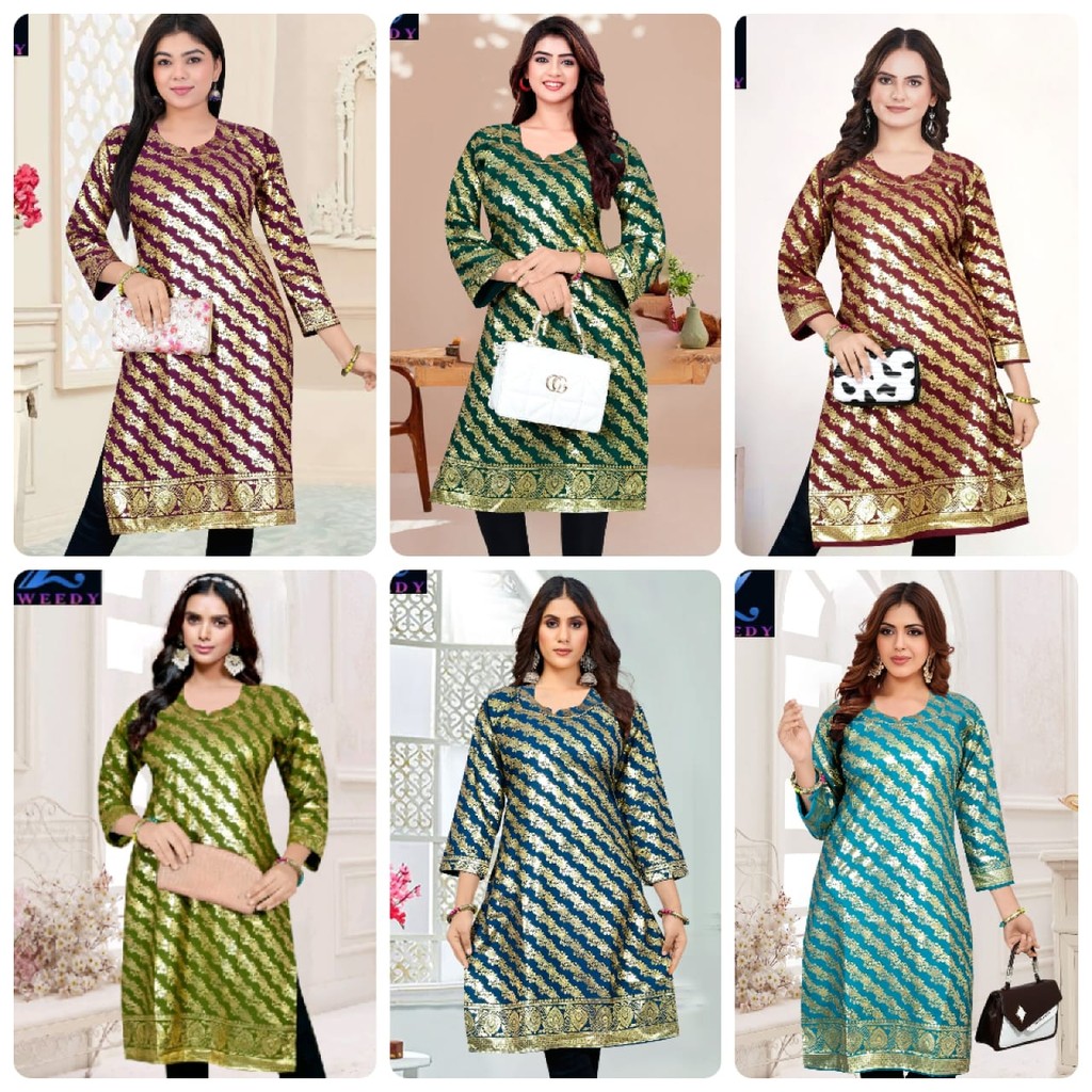 L(40) ถึง 11XL(62) Crepe GOLD FOIL Print Kurti Top Plus Sizes for Women สําเร็จรูปโดย Zwedy Mart