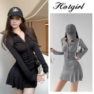 Hotgirl พร้อมส่ง ชุดเดรสแขนยาวคอโปโลสไตล์อเมริกันสุดเซ็กซี่ สีพื้น ดีไซน์จีบ ทรงเอไลน์สลิม