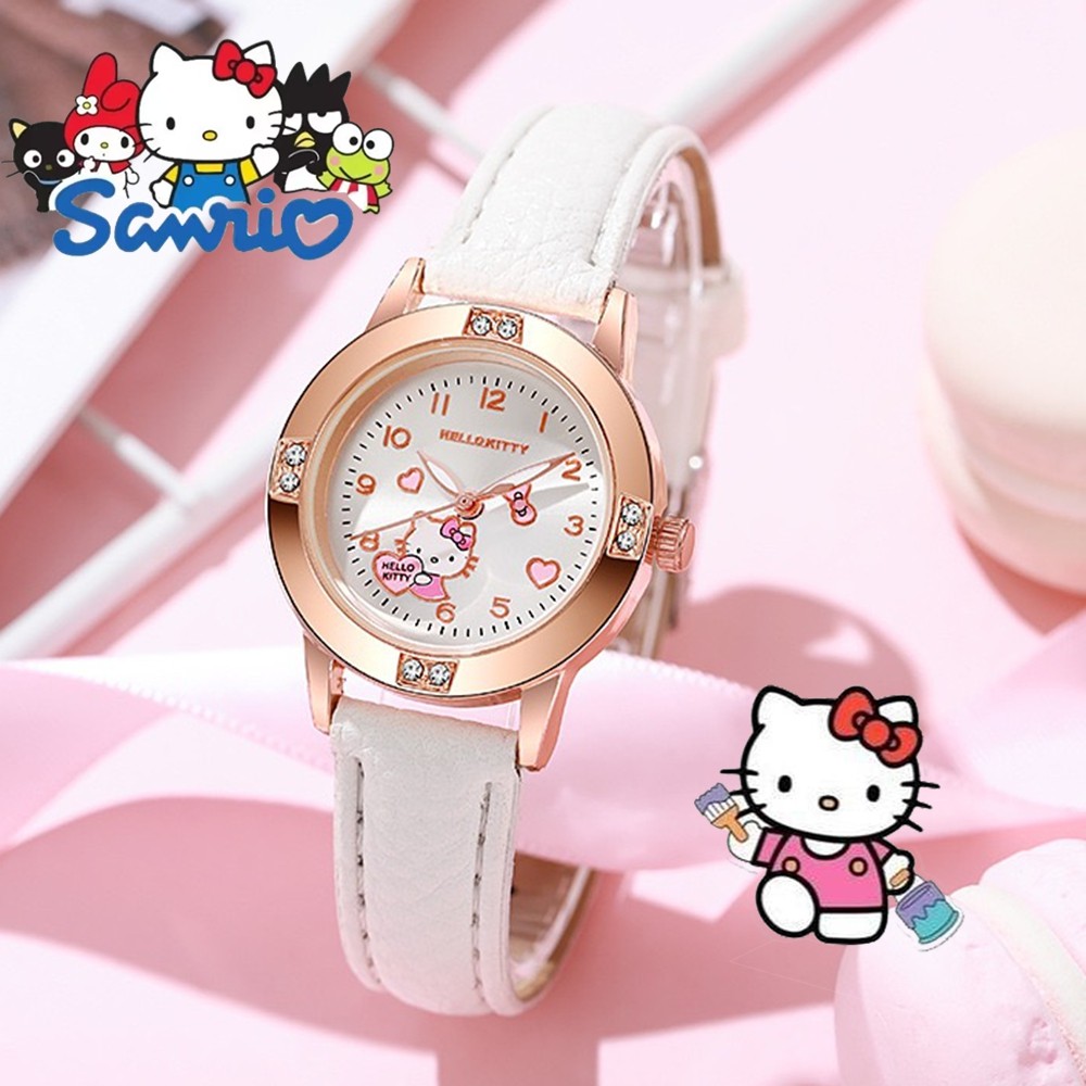 Sanrio Hello Kitty Kuromi นาฬิกาน่ารักการ์ตูน Rose Gold พร้อมเข็มขัดเพชรนาฬิกาผู้หญิงนาฬิกาควอตซ์