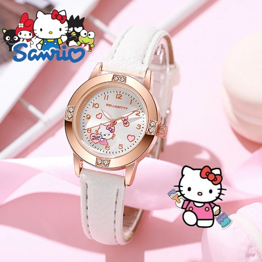 Sanrio Hello Kitty Kuromi นาฬิกาน่ารักการ์ตูน Rose Gold พร้อมเข็มขัดเพชรนาฬิกาผู้หญิงนาฬิกาควอตซ์