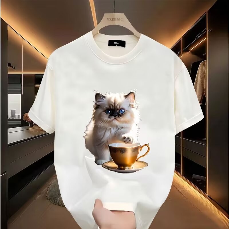 2025 NEW American Style Trendy Brand Short Sleeve T-Shirt for Men Summer New Fun Brick Moving Cat Pr