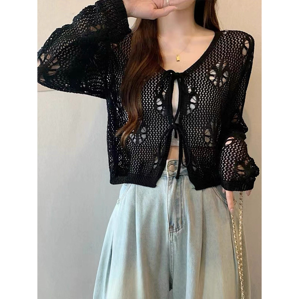 Vogue🌟พร้อมส่ง🌟 เสื้อคาร์ดิแกนแขนยาวสีใส ผ้าบางเบาซีทรู ผูกเชือกเก๋ๆ เป็นเสื้อกันแดดได้ (31056) - รูปที่ 6