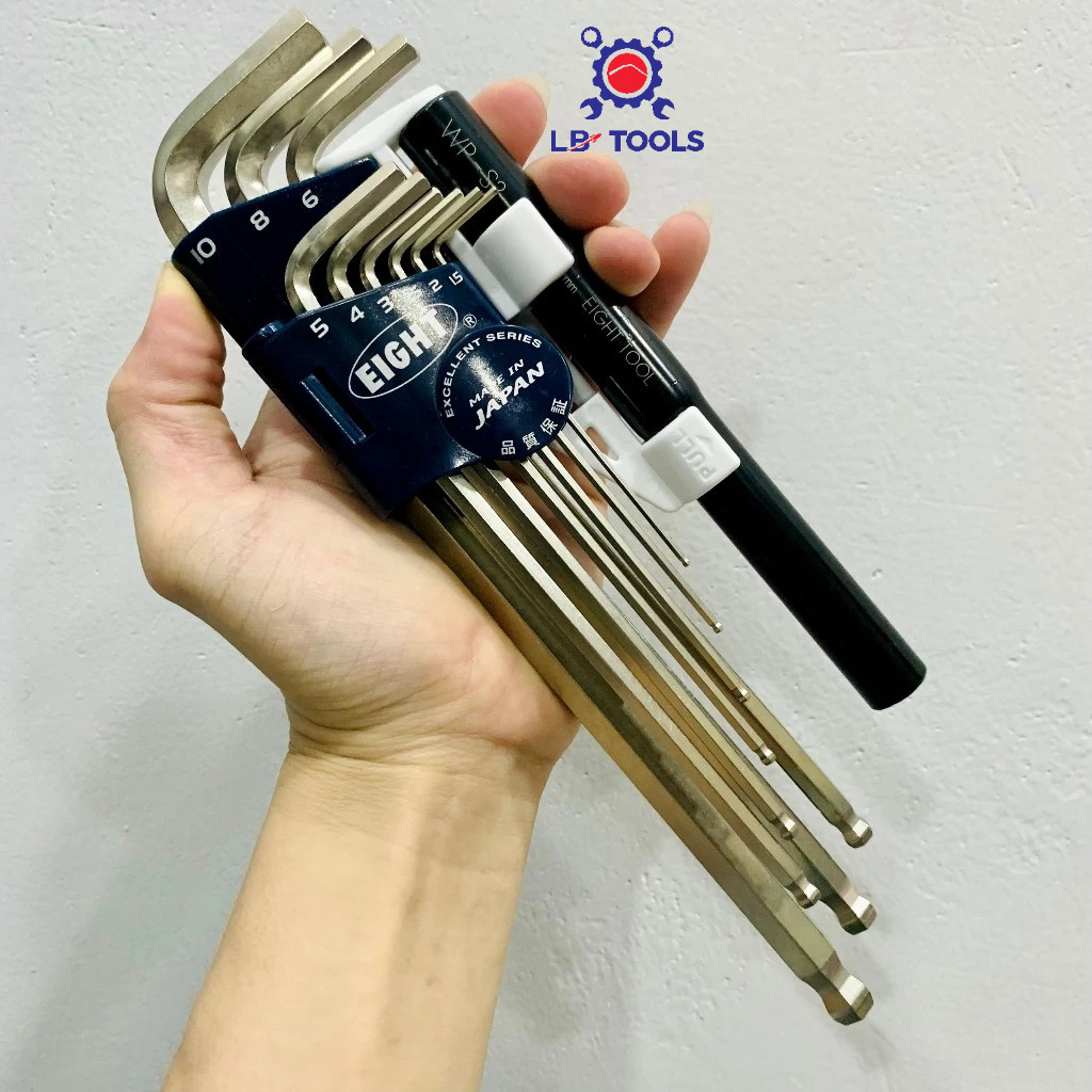 ชุดหกเหลี่ยมญี่ปุ่นแปดตัว TLS-9NP พร้อมขนาดหัวบอล 9 ขนาดตั้งแต่ 1.5-10mm - รวมด้ามเสริม - Made in Ja