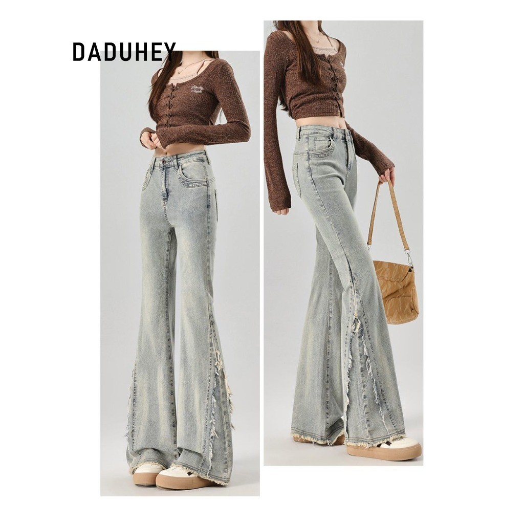 DaDuHey Flared Jeans Women's American Retro High Waist Raw Hem Stitching Design Sense Slimming Trousers | 1968