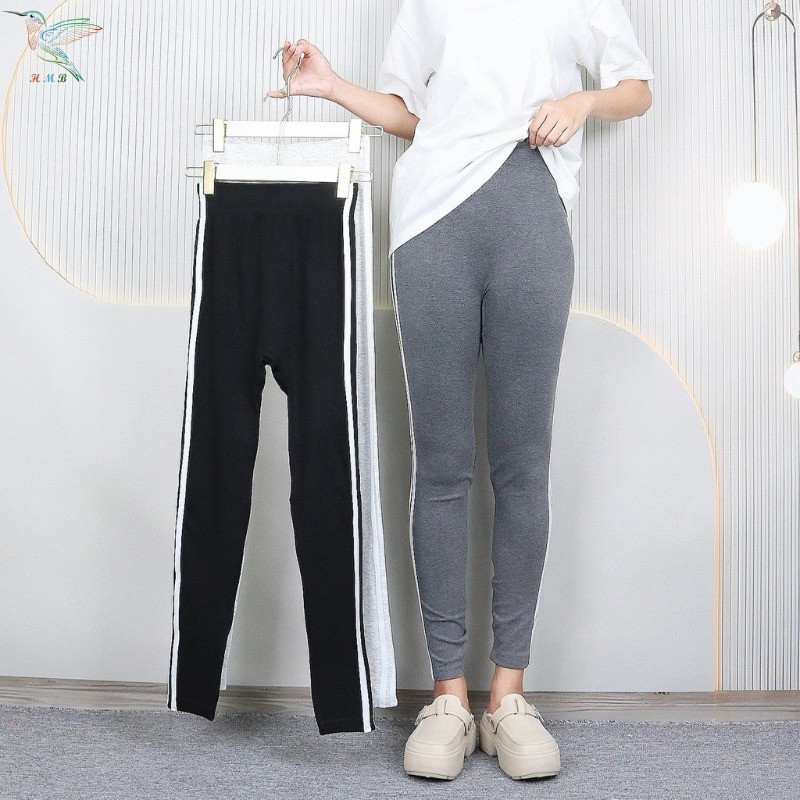 HMB® กางเกงเลกกิ้งขายาว กางเกงเลกกิ้งผู้หญิง แต่งแถบ2ข้าง ผ้าทอ คอตตอนผสมสเปนเด็กซ์ เนื้อผ้านิ่ม p89