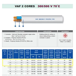 5-10 เมตร) STR สายไฟ VAF 2 × 2.5 sq.mm 23A 300/500V ทองแดงแท้ มอก.11-2553 หุ้มฉนวน 2 ชั้น ทนร้อน เดินลอย เดินท่อ เดินราง