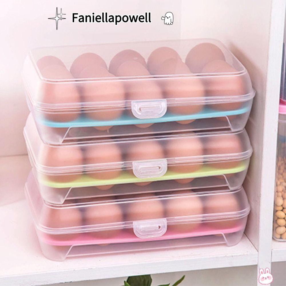 FANIELLAPOWELL ไข่กล่องเก็บของสด, 15 กริดพลาสติกถาดอาหารคอนเทนเนอร์,พร้อมฝาปิดตู้เย็น Camping Picnic ช่องผู้ถือไข่ห้องครัว