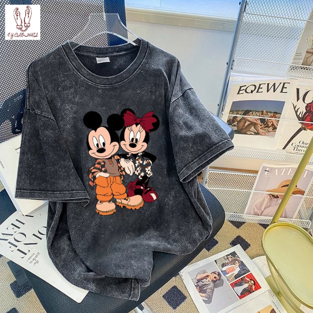 t shirt mickey mouse ลายการ์ตูนน่ารักหลวม เสื้อยืด oversize คอกลม ทรงหลวม ใส่สบาย วินเทจ unisex เสื้อ 3XLดำ ราคา ถูกที่สุด ดีลบีเคเค