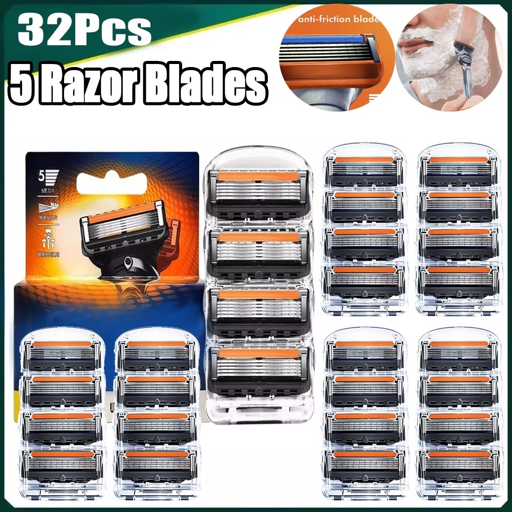 ใบมีดโกนเติมสําหรับ ฟิวชั่น–32ชิ้น ใบมีดโกนหนวด 5 ชั้นพร้อมแถบหล่อลื่นใบมีดเปลี่ยนเรียบและติดทนนาน