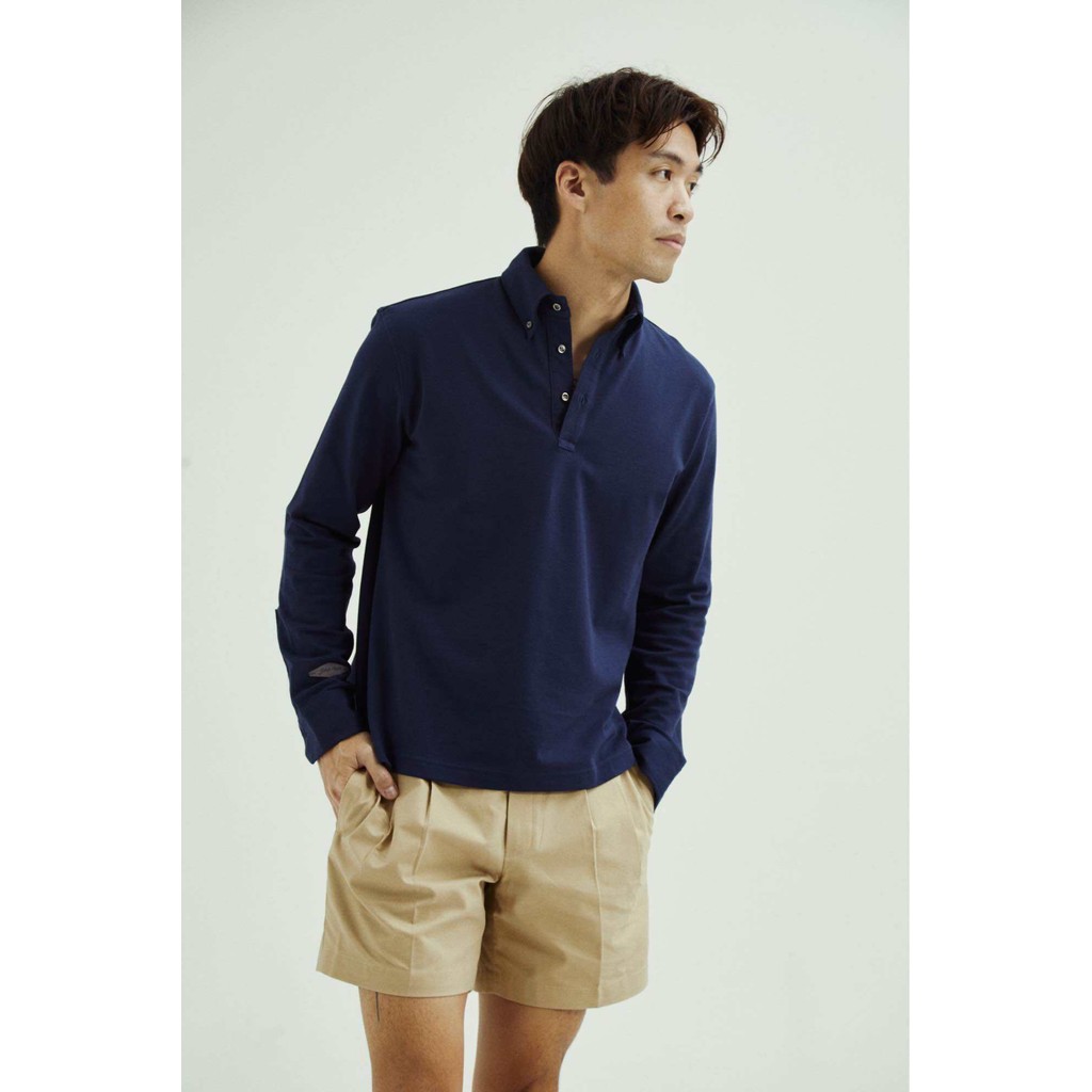 Navy button down long sleeved pique polo
