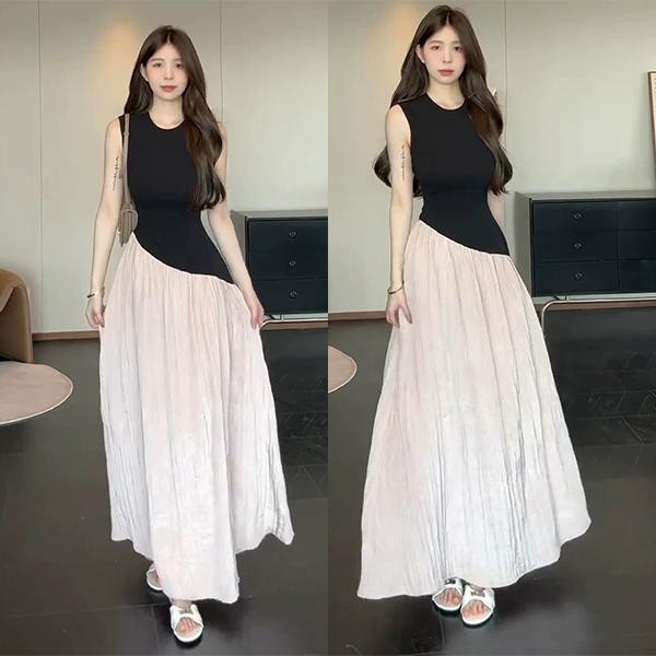 Red Berryชุดเดรสแขนกุดทรงเข้ารูปสไตล์ฝรั่งเศสสีเทาและชมพูสำหรับผู้หญิงในช่วงฤดูร้อน99108