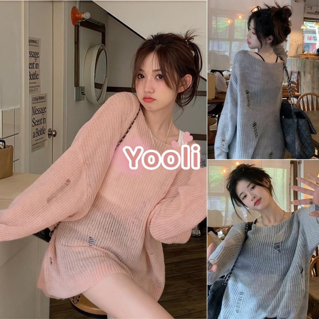 เสื้อไหมพรมแขนยาว ซีทรูเบาบางใส่สบาย เซ็กซี่น่ารัก -C เสื้อเปิดไหล่สไตล์เกาหลี