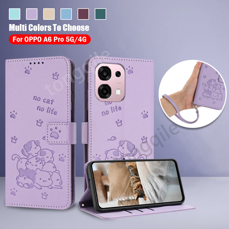 กรณีพลิกสําหรับ OPPO A6 Pro 5G 4G A6Pro 2025 หรูหราหนังฝาครอบโทรศัพท์ปลอกช่องเสียบการ์ดกระเป๋าสตางค์แมวรูปแบบ Stand Holder กันชนกันกระแทก Anti Drop Lanyard