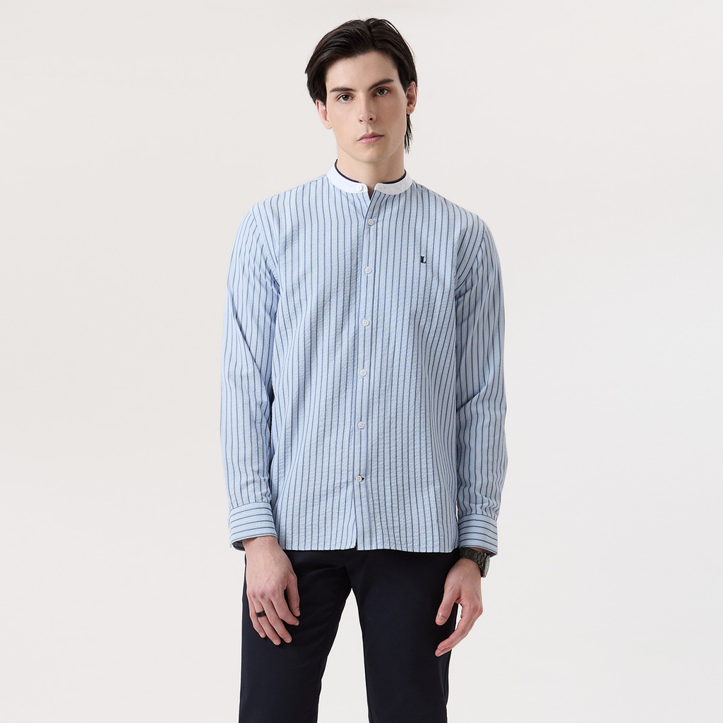 LTD เสื้อเชิ้ตคอจีน ลายทางแนวตั้ง ผู้ชาย สีฟ้าอ่อน | Mandarin Collar Shirt with Vertical Stripes | 03591