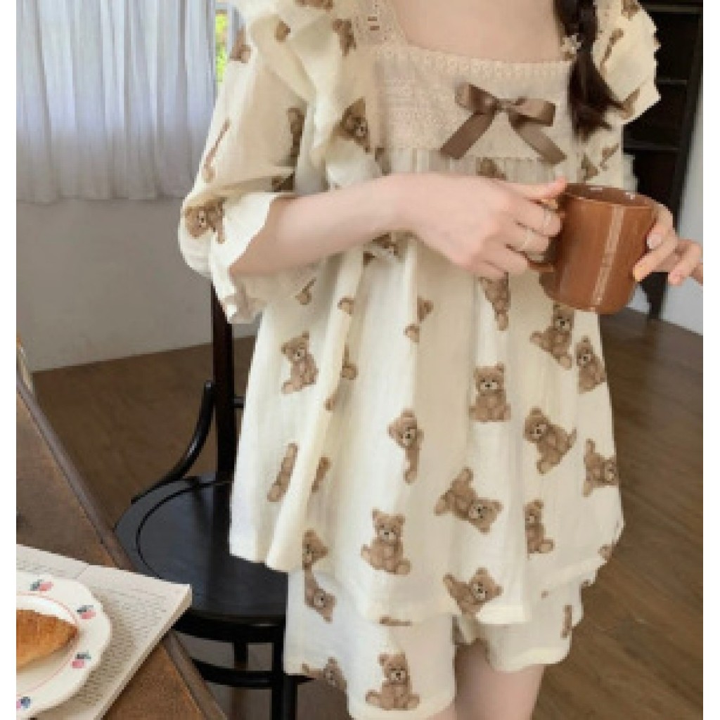 dz Bubble Cotton ชุดนอนการ์ตูนยอดนิยมหญิงฤดูร้อนกางเกงขาสั้นแขนสั้น Ins สไตล์ Casual Homewear สาวชุด