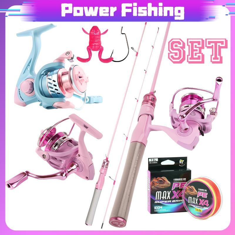 ชุดเบ็ดและรอกตกปลาสีชมพู 2 ชิ้น คันเบ็ด UL น้ำหนักเบาพิเศษ คันเบ็ด UL (2-8LB) ชุดตกปลาอัลตร้าไลท์ละเอียด