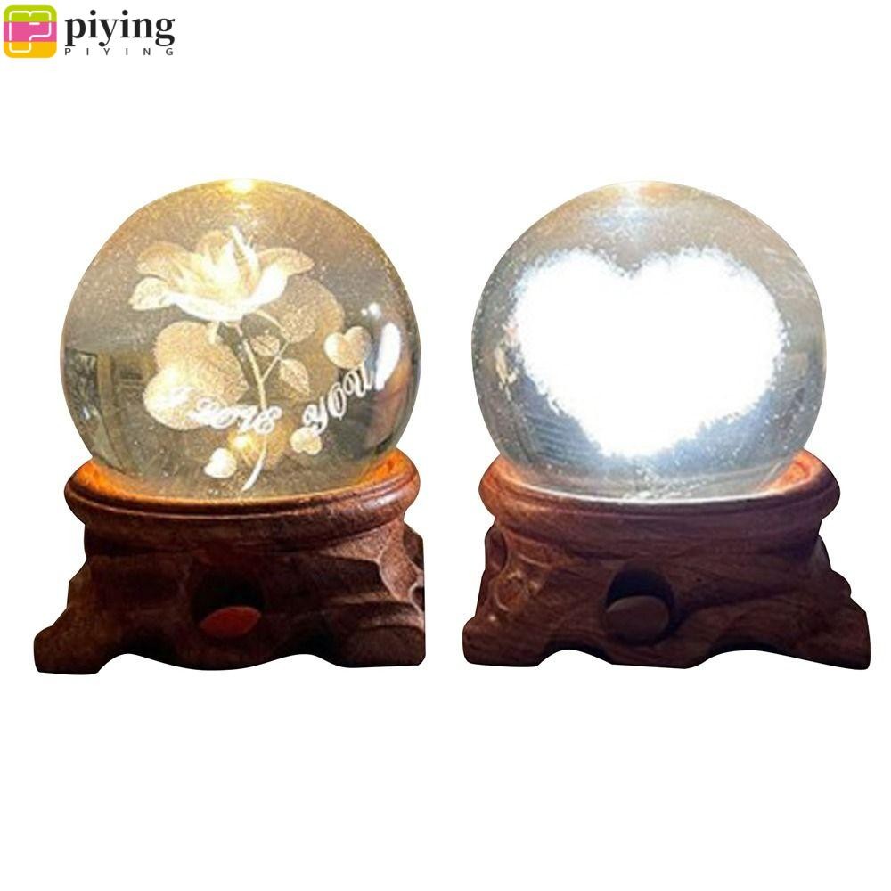 PIYING ที่วางลูกบอลคริสตัล LED USB Wood Crystal Sphere Base