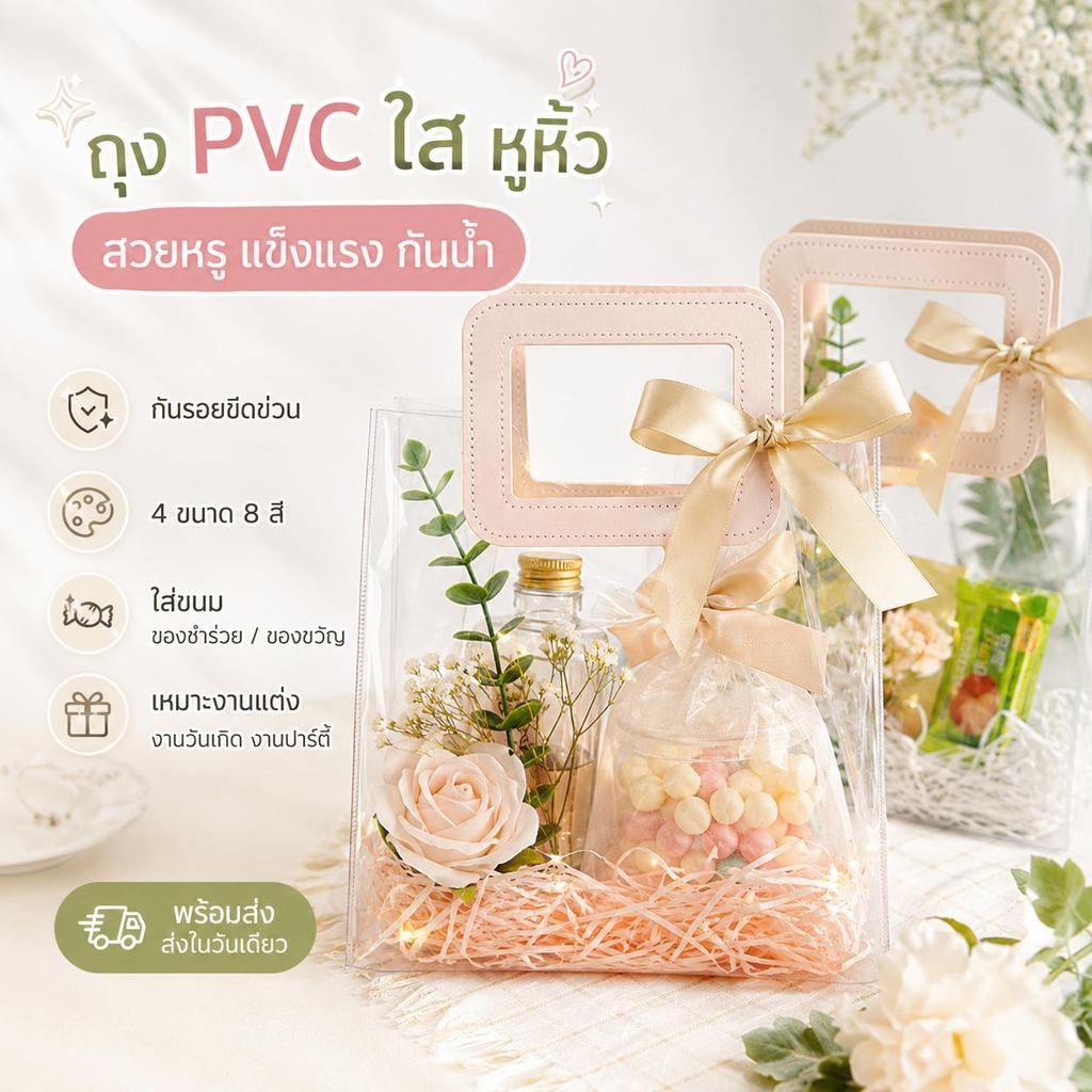 ถุงมือถือโปร่งใส ดีไซน์สุดหรู วัสดุPVCเกรดพรีเมียม ทนทานกันน้ำกันรอย หลายขนาดหลายสี สำหรับของขวัญ