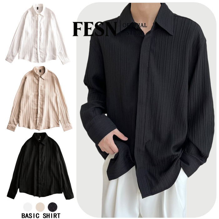 เสื้อเชิ้ตแขนยาวลําลอง ผ้าเดรป แต่งจับจีบ ทรงหลวม แฟชั่นฤดูใบไม้ผลิ สไตล์เกาหลี สําหรับผู้ชาย