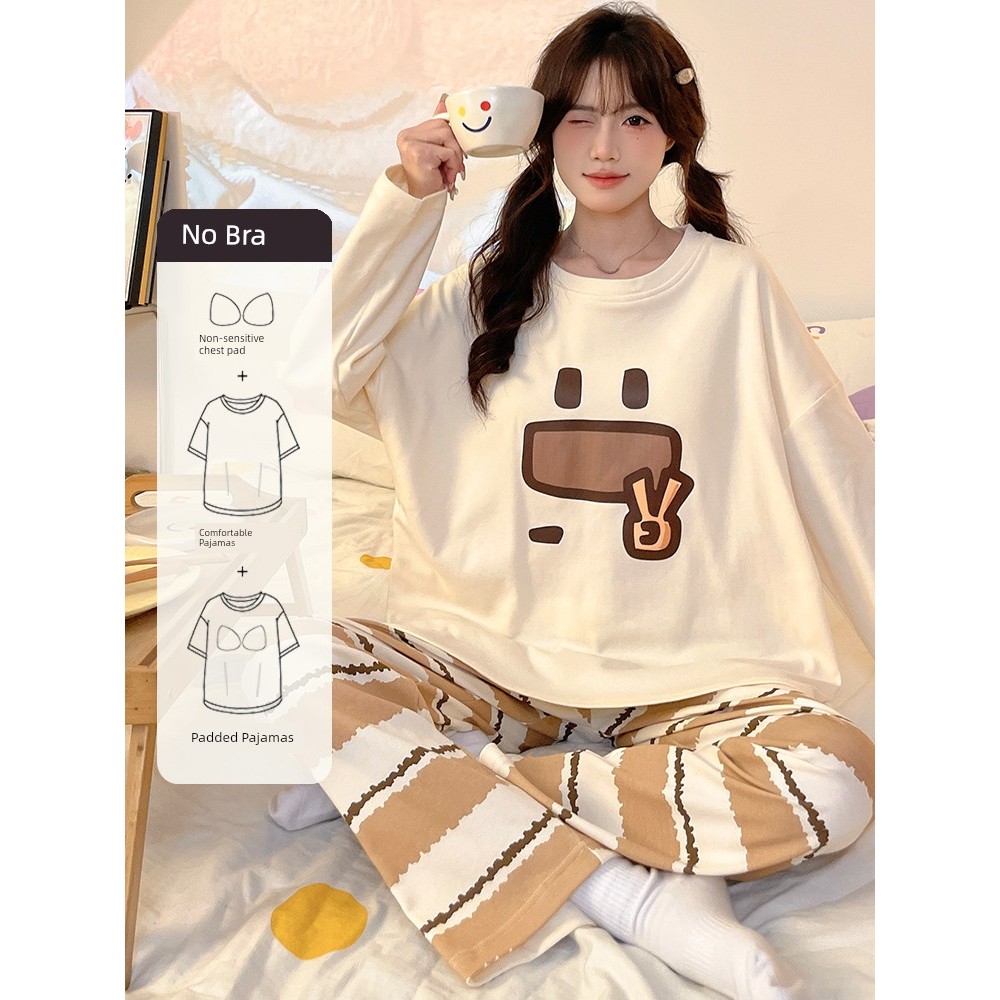 ผู้หญิงผ้าฝ้ายรู้สึกชุดนอนชุดในตัวแผ่นรอบคอแขนยาวหลวม Fitting Outerwear การ์ตูน Loungewear สําหรับฤด