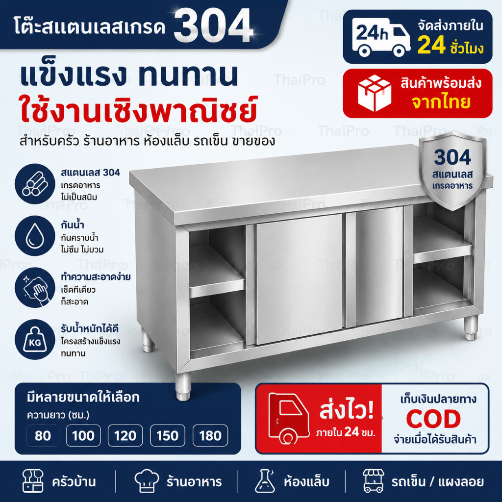 🔥จัดส่ง 24 ชม โต๊ะทำงานสแตนเลส ท็อปครัว พร้อมประตูบานเลื่อน+เขียง+ตู้เก็บของ เขียง สแตนเลสเกรด 304  ความจุสูง