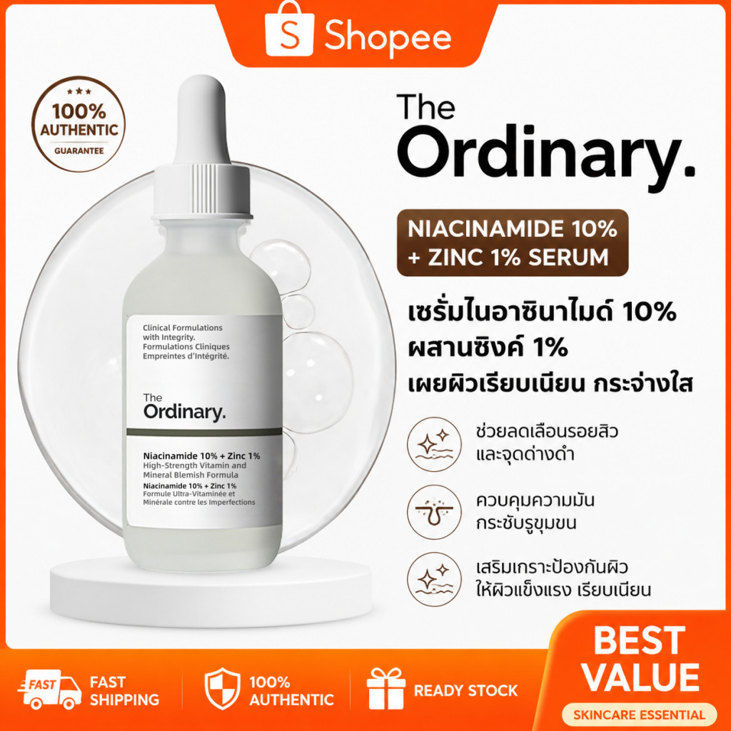 The Ordinary Niacinamide 10% + Zinc 1% 30/60ml | เซรั่มลดสิว คุมมัน ผิวเรียบเนียน