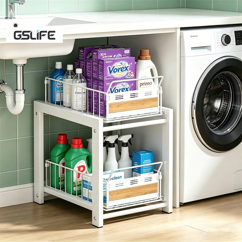 GSlife ชั้นวางของใต้อ่างล้างจาน ชั้นวางเครื่องปรุงเครื่องเทศ พร้อมถาดรองน้ำ Kitchen Drawer Pull Out Basket White New