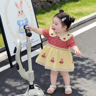 เด็กฤดูร้อนชุดลูกไม้ตุ๊กตาปกสีฟ้าสดลายสก๊อตแขนสั้นชุดเจ้าหญิงเด็กสาวชุด