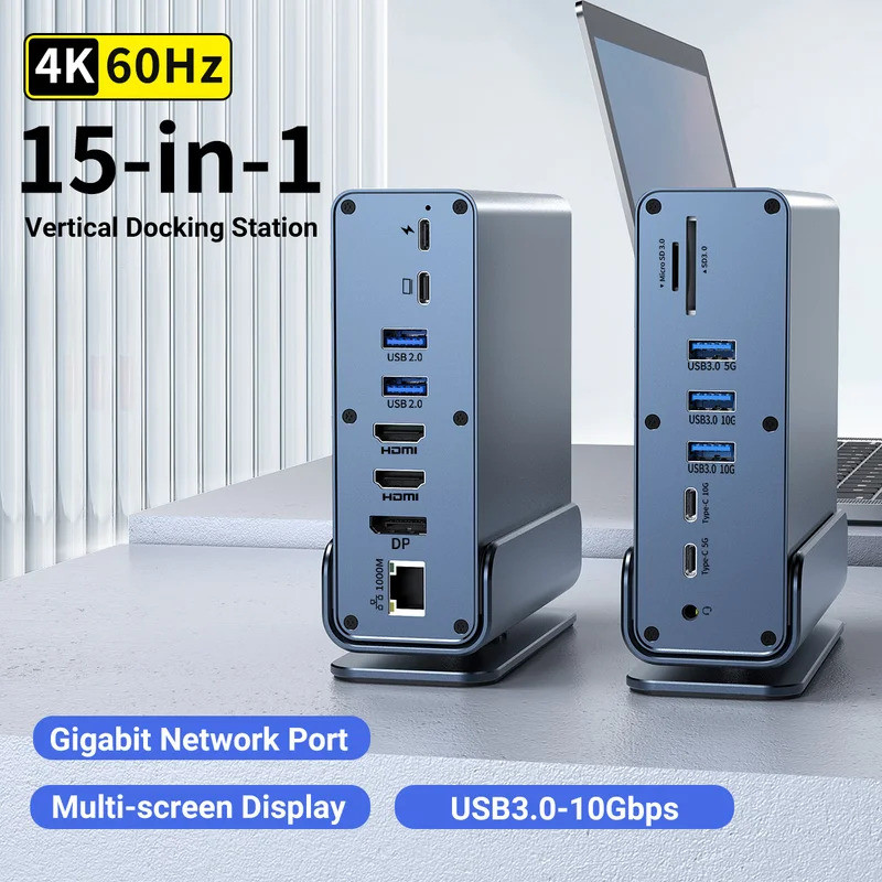 15 in 1 USB-C Docking Station 4K HD ฮับแนวตั้งพร้อม Triple Monitor ,RJ45 1000M,USB 3.0/2.0,PD 3.0,SD