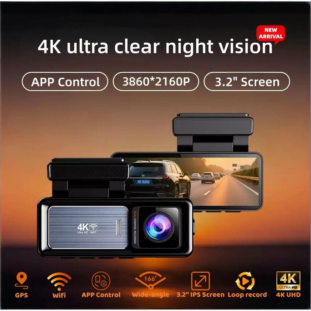 กล้อง Dash ด้านหน้า UHD 4K สําหรับการควบคุมแอพอัจฉริยะ, WDR, Super Night Vision, โหมดที่จอดรถ 24H, G