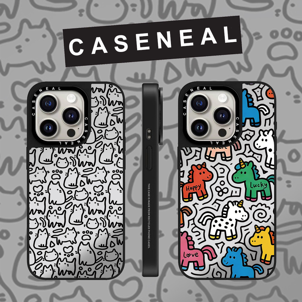 CASENEAL Creative Lines Cat Pony mirror Faceเคสโทรศัพท์สําหรับiPhone 17 Pro Max 16 ProMax 15Pro 14 Plus 13 12 11 โทรศัพท์กันกระแทกขอบนุ่มฮาร์ดป้องกันกรณี