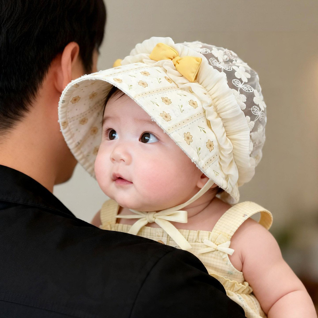 ลูกไม้โบว์เด็กตาข่ายอาทิตย์หมวกสาวดอกไม้พิมพ์นัวเนียสไตล์เจ้าหญิงป้องกันรังสียูวีหมวกฤดูร้อนบางระบายอากาศ เชือกรูด พระราชวัง สไตล์หมวกสําหรับ 0-12 เดื