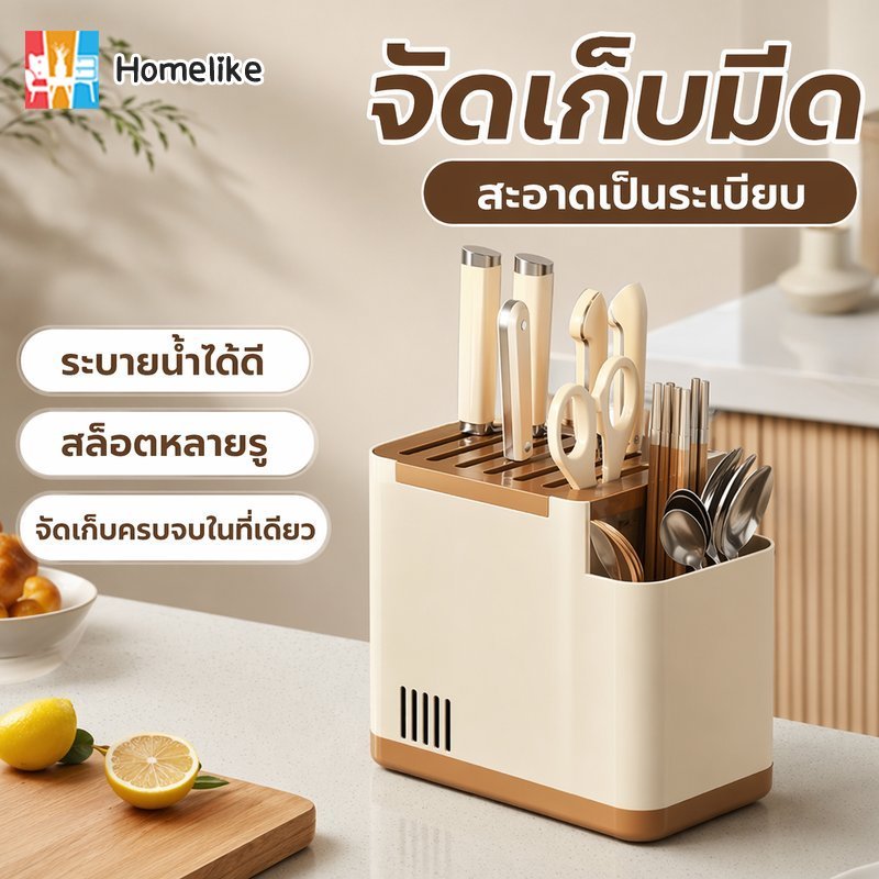 ที่เก็บมีดและตะเกียบ อุปกรณ์จัดเก็บมีด ระบายน้ำ หลายช่อง ติดผนัง วางเคาน์เตอร์ ถาดรองน้ำ