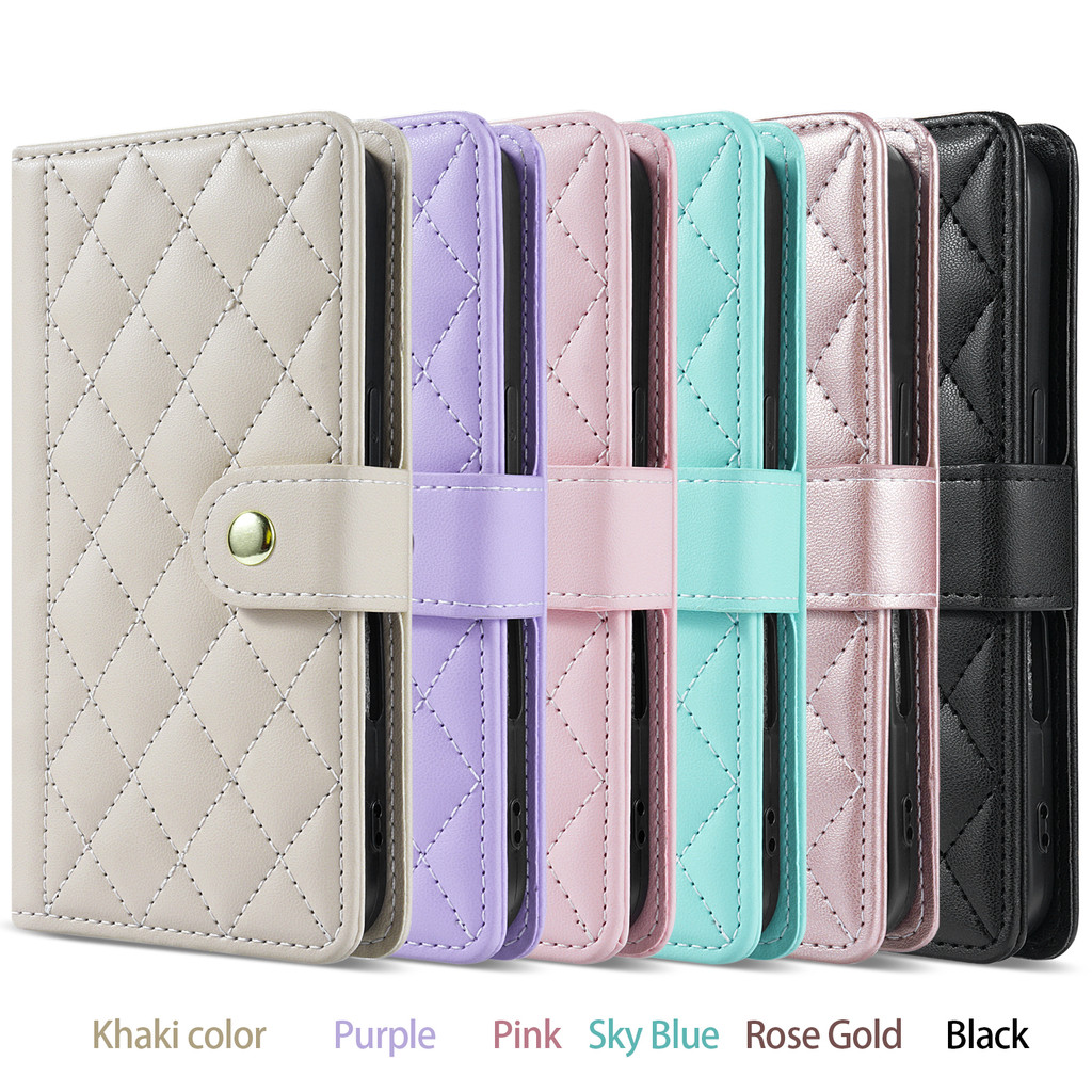 Rhombus Quilted Wallet Flip Case สายรัดข้อมือสําหรับ Samsung S26 Ultra S25 Plus S24 S23 S22 S21