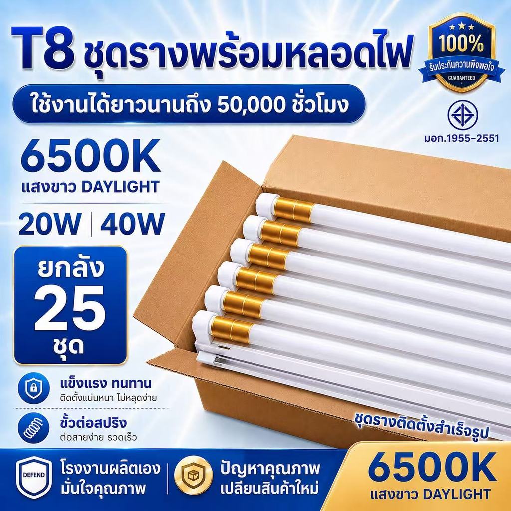 ยกลัง 25ชิ้น หลอดไฟ led พร้อมราง (ชุดหลอดไฟสำเร็จรูป)ขาสปริง+ขาบิดล็อก ขนาด 20W 40W T8 220vแบบยาว หลอดไฟ