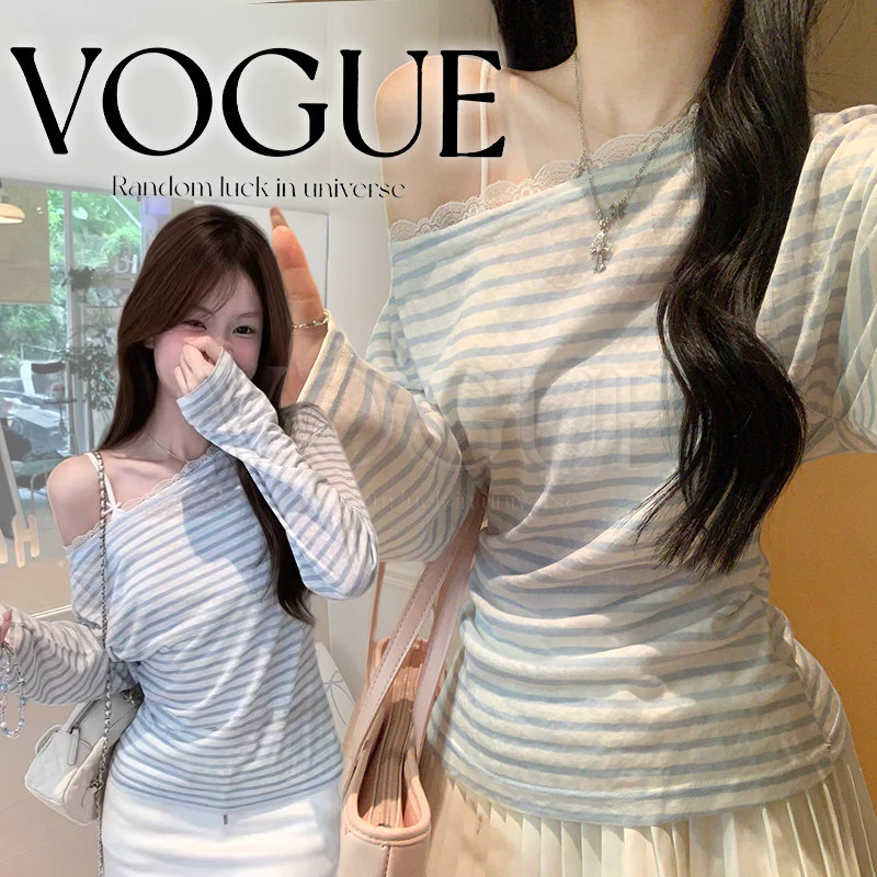 Vogue🌟พร้อมส่ง🌟 เสื้อปาดไหล่แขนยาวลายทาง สีฟ้าขาวสไตล์บริสุทธิ์ ต้อนรับฤดูใบไม่ผลิ (FYB82)