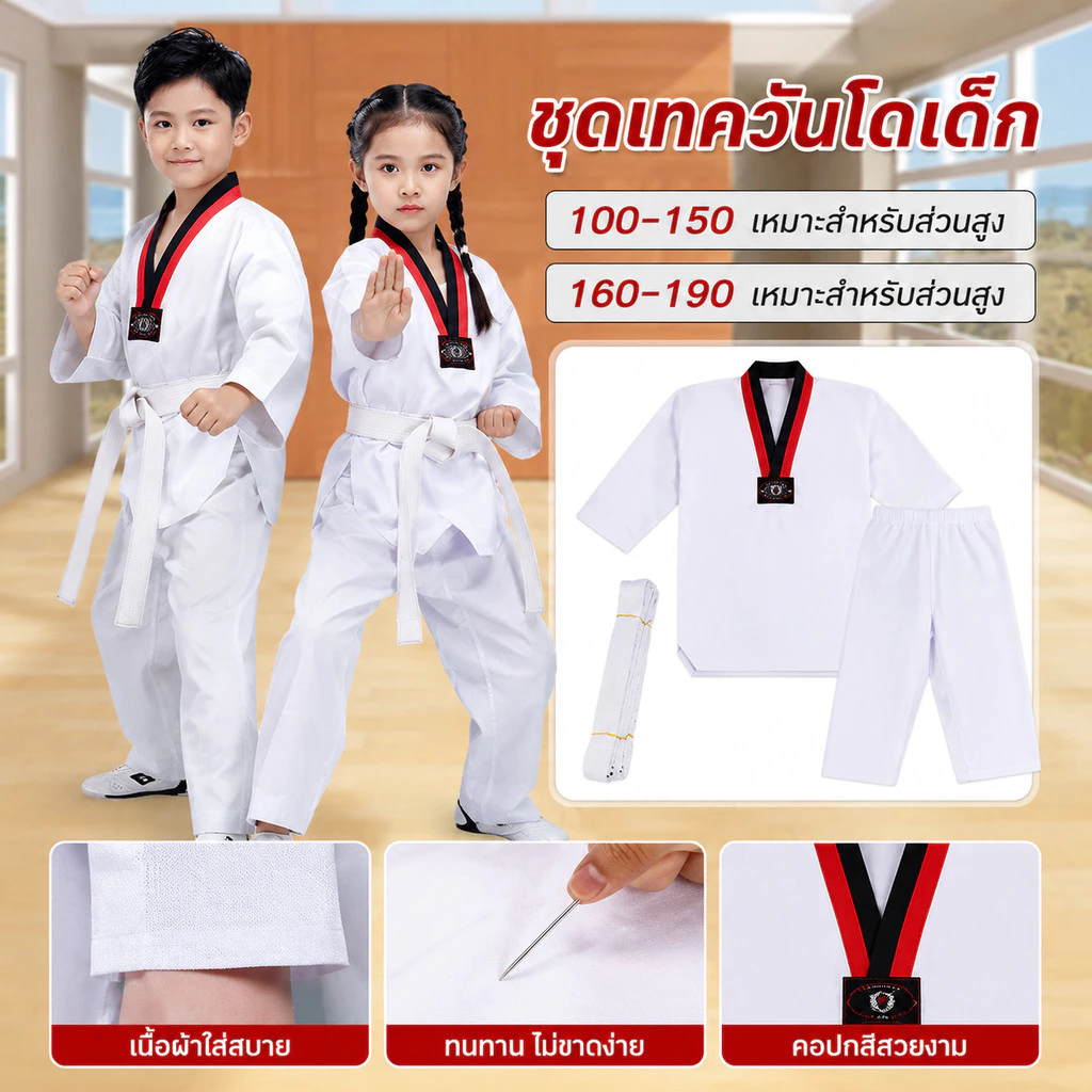 ชุดเทควันโด เบอร์ 90-190 สำหรับเด็กและผู้ใหญ่ แถมสายขาว ผ้าคุณภาพดี ใส่สบาย ชุดฝึกเทควันโด