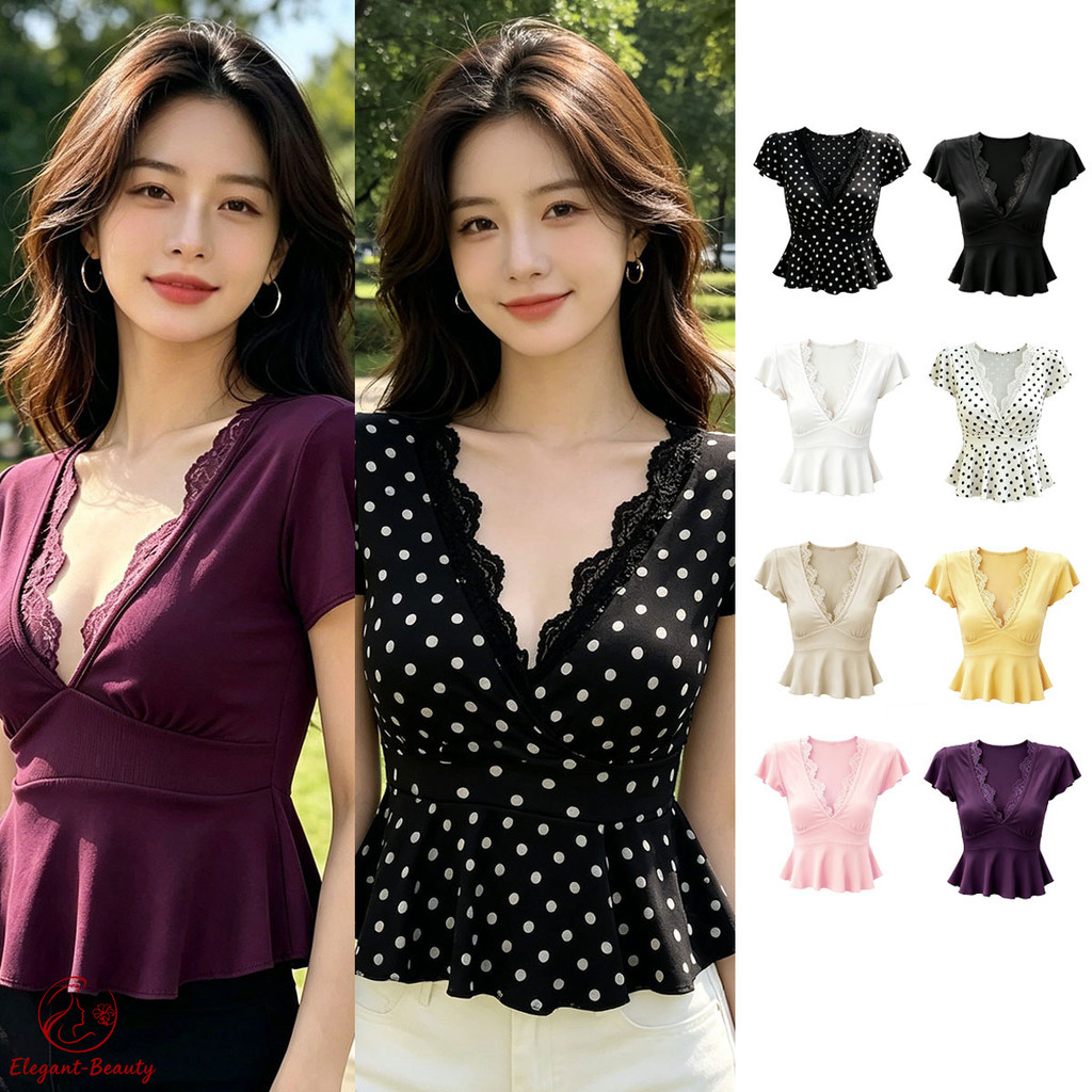 เสื้อยืดแขนสั้น คอวีผ้าลูกไม้ผู้หญิง ลุคคุณหนู ดูแพง ชายเสื้อแต่งระบาย