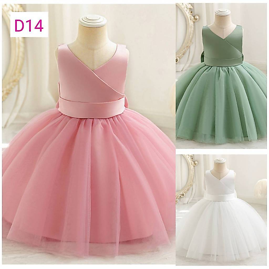 D14 ชุดเดรสออกงานเด็กเล็ก แขนกุด ติดโบว์ใหญ่ พร้อมส่งจากไทย