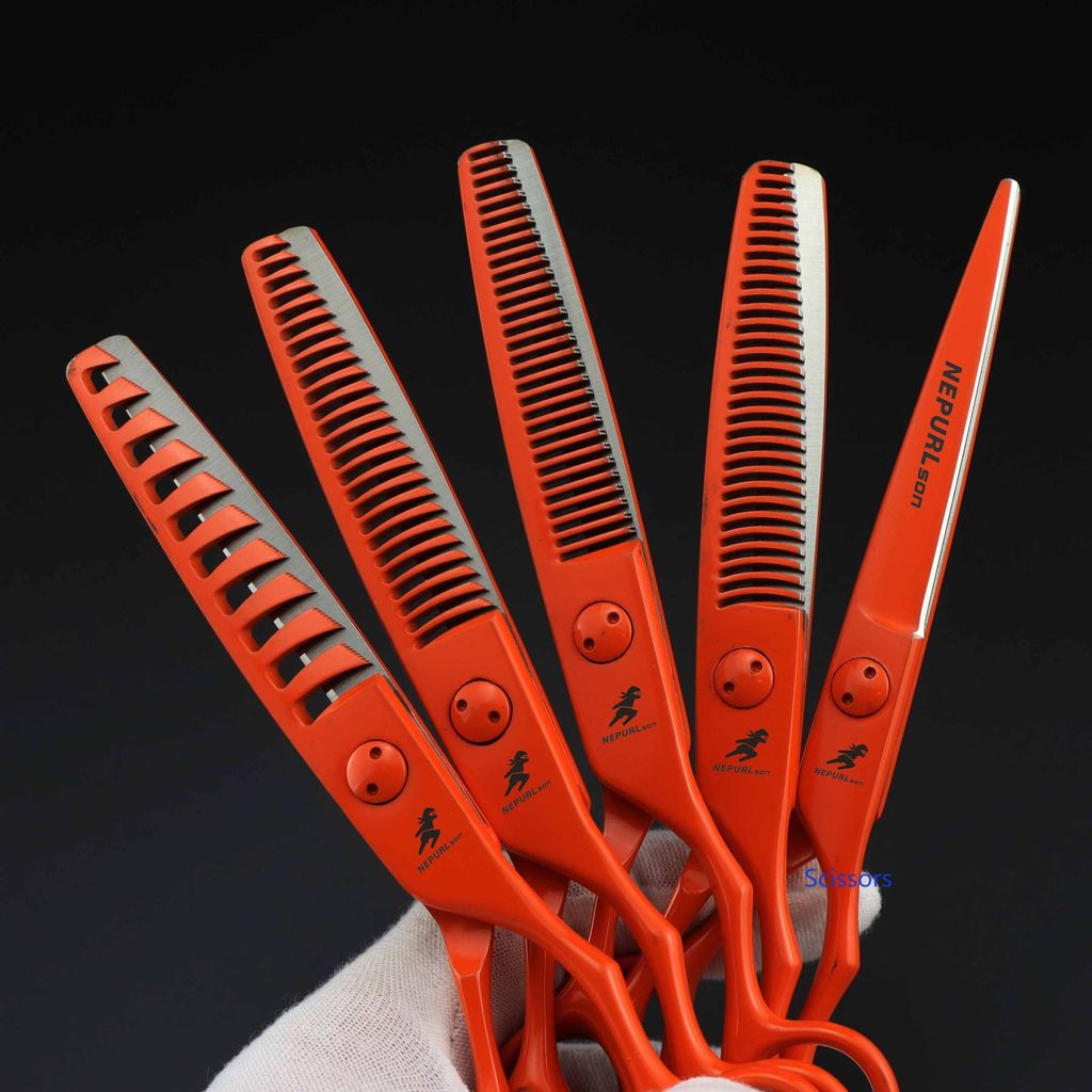 สีสีส้มสี Hairdressing กรรไกรตัดผมกรรไกรแบนตัด Bangs กรรไกรฟัน Staghorn ฟันกระดูกปลาฟันไม่มีรอยต่อ Scis