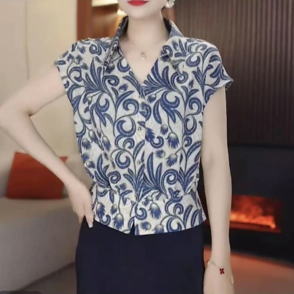 เสื้อเชิ้ตคอวีสไตล์ตะวันตกสำหรับผู้หญิงฤดูร้อน สไตล์คล่องตัวแบบยุโรป ไซส์ S