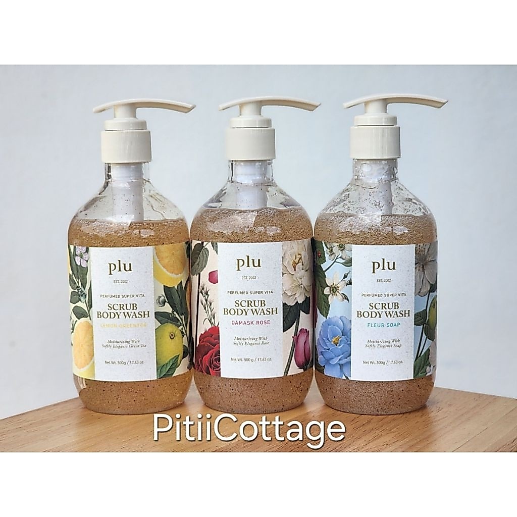 🍸Plu Perfumed Super Vita Scrub Body Wash Lemon Green Tea, DAMASK ROSE, FLEUR SOAP 500g เจลอาบน้ำผสมสครับเนื้อน้ำตาล
