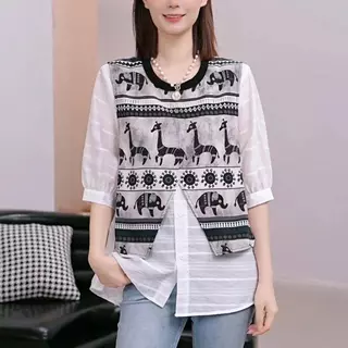 mimi&didi[สินค้าพร้อมส่ง]เสื้อแขนสั้นผู้หญิงลายพิมพ์สัตว์แบบเย็บปะติดปะต่อ ดีไซน์คล้ายเสื้อสองชิ้น ทรงหลวมลำลอง #99483