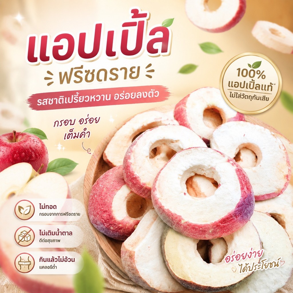 แอปเปิ้ลฟรีซดราย กรอบอร่อย หอมแอปเปิ้ลแท้ รสชาติเปรี้ยวหวานกำลังดี ของว่างยอดนิยม กินง่าย พกสะดวก มี 3 ขนาด